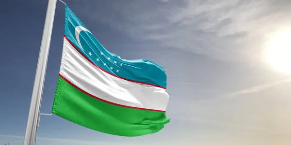 Üzbegisztán Nemzeti Zászló Szövet Integetett Gyönyörű Szürke Háttér — Stock Fotó