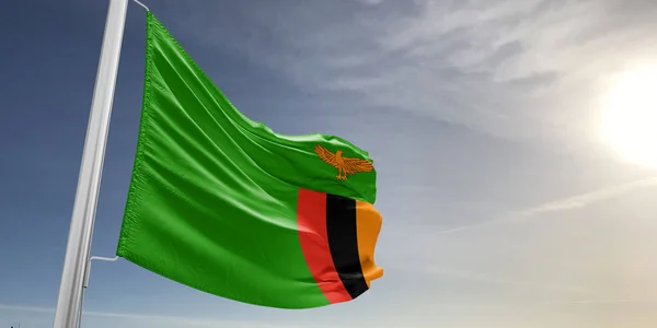 Zambia Nationale Vlag Doek Zwaaiend Mooie Grijze Achtergrond — Stockfoto