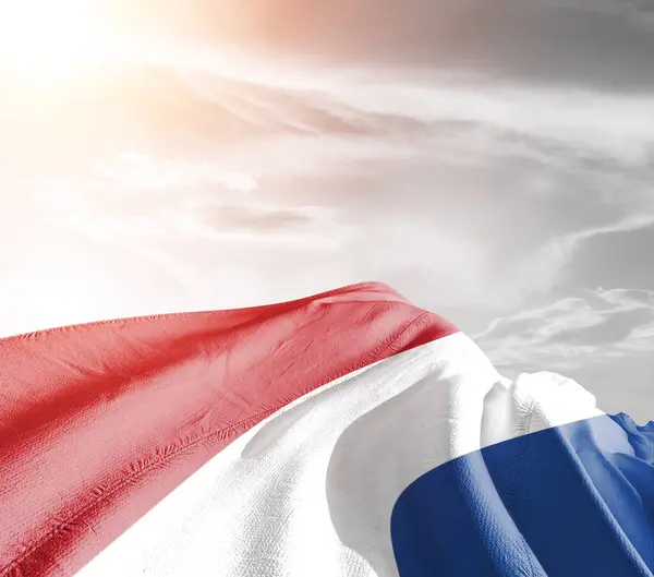 Nizozemsko Národní Vlajkové Tkaniny Vlnění Krásném Šedém Pozadí — Stock fotografie