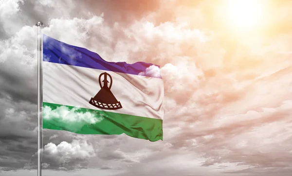 Lesotho National Flagga Tyg Viftar Vacker Grå Bakgrund — Stockfoto