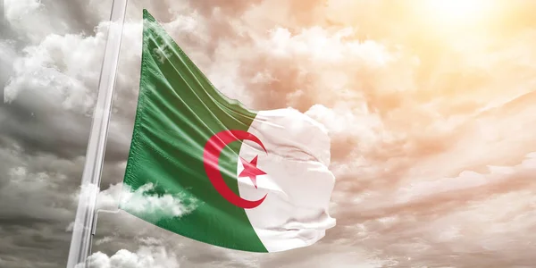 Algeria National Flag Cloth Fabric Waving Beautiful Grey Background — Stock Photo, Image