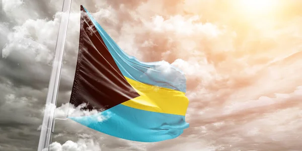 Bahamy Národní Vlajkové Tkaniny Vlnící Krásném Šedém Pozadí — Stock fotografie