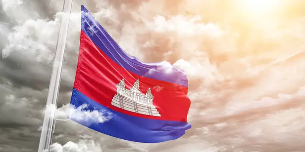 Kambodscha Nationalflagge Stoff Weht Auf Schönen Grauen Hintergrund — Stockfoto