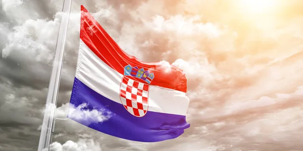 Croácia Tecido Pano Bandeira Nacional Acenando Fundo Cinza Bonito — Fotografia de Stock