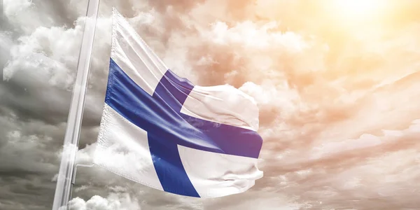 Finland National Flag Cloth Fabric Waving Beautiful Grey Background — Stock Photo, Image