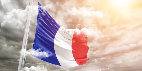 Francie Národní Vlajkové Tkaniny Vlnění Krásném Šedém Pozadí — Stock fotografie