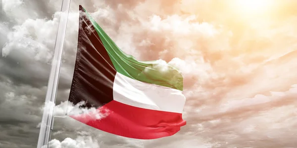 Ткань Государственного Флага Кувейта Размахивающая Красивом Сером Фоне — стоковое фото