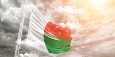 Madagaskar ulusal bayrak kumaşı güzel gri arka planda dalgalanıyor.