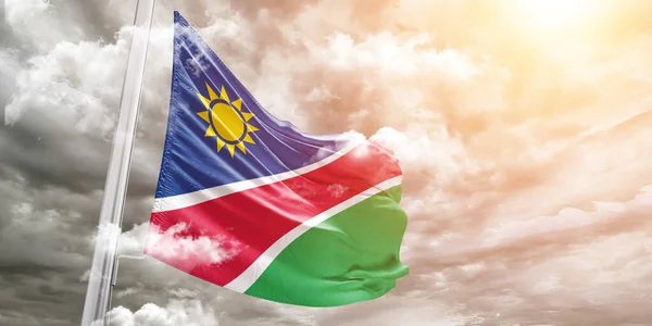 Ναμίμπια Εθνικό Ύφασμα Σημαία Κυματίζει Όμορφο Γκρι Φόντο — Φωτογραφία Αρχείου