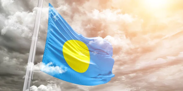 Palau Národní Vlajkové Tkaniny Vlnění Krásném Šedém Pozadí — Stock fotografie