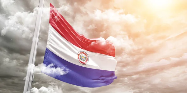 Paraguay Tela Bandera Nacional Ondeando Sobre Hermoso Fondo Gris —  Fotos de Stock
