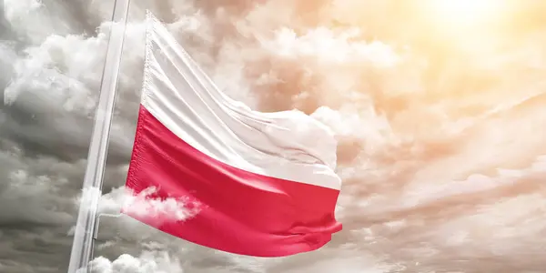 Polonia Bandera Nacional Tela Ondeando Sobre Hermoso Fondo Gris —  Fotos de Stock
