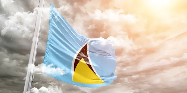 Saint Lucia Narodowa Tkanina Flagowa Macha Pięknym Szarym Tle — Zdjęcie stockowe