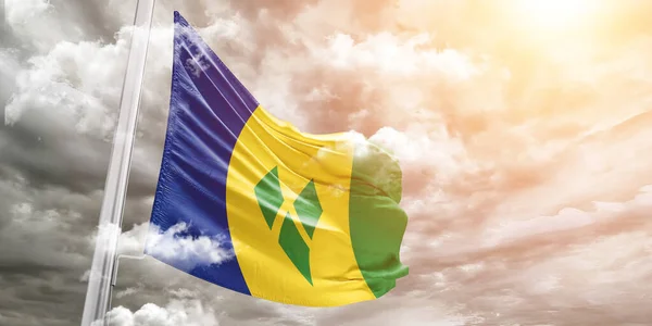 São Vicente Granadinas Tecido Pano Bandeira Nacional Acenando Fundo Cinza — Fotografia de Stock
