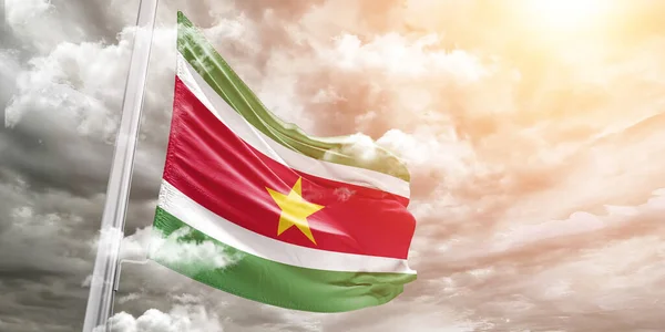 Tela Tela Bandera Nacional Surinam Ondeando Sobre Hermoso Fondo Gris —  Fotos de Stock