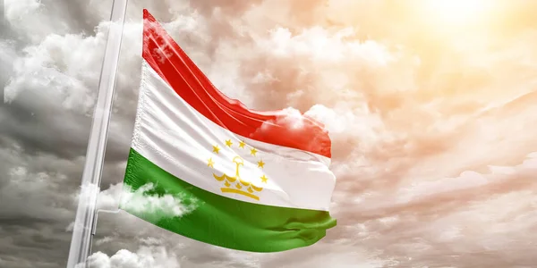 Tela Tela Bandera Nacional Tayikistán Ondeando Sobre Hermoso Fondo Gris — Foto de Stock