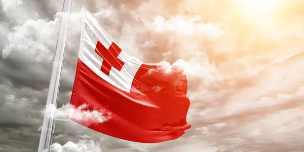 Tonga Tela Bandera Nacional Ondeando Sobre Hermoso Fondo Gris —  Fotos de Stock