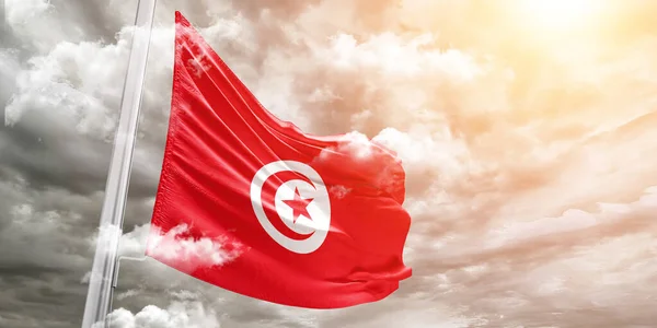 Tunisia National Flag Cloth Fabric Waving Beautiful Grey Background — Stock Photo, Image