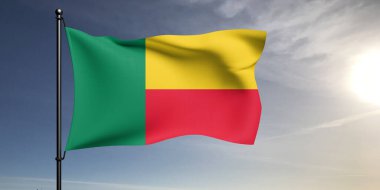 Benin Ulusal Bayrak Kumaşı Güzel gri arka planda sallanıyor.