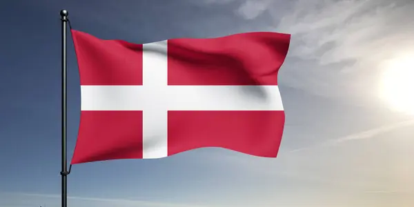 stock image Denmark national flag cloth fabric waving on beautiful grey Background.