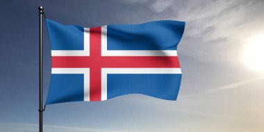 İzlanda Ulusal Bayrak Kumaşı Güzel gri arka planda sallanıyor.