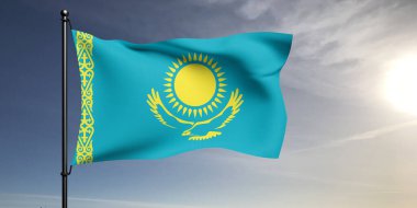 Kazakistan ulusal bayrak kumaşı güzel gri arka planda dalgalanıyor.