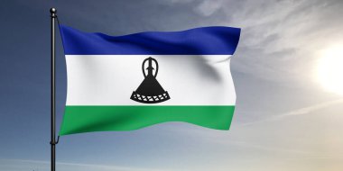 Lesotho Ulusal Bayrak Kumaşı Güzel gri arka planda dalgalanıyor.