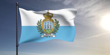 San Marino Ulusal Bayrak Kumaşı Güzel gri arka planda dalgalanıyor.