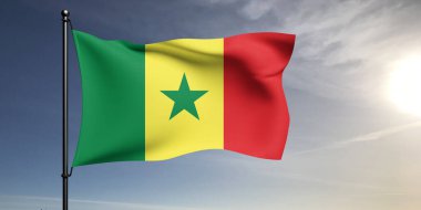 Senegal Ulusal Bayrak Kumaşı Gri arka planda sallanıyor.