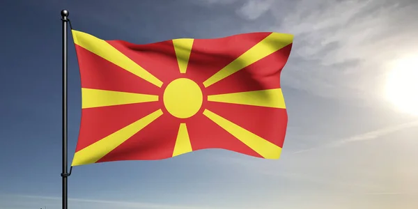 Észak Macedónia Nemzeti Zászló Szövet Integetett Gyönyörű Szürke Háttér — Stock Fotó