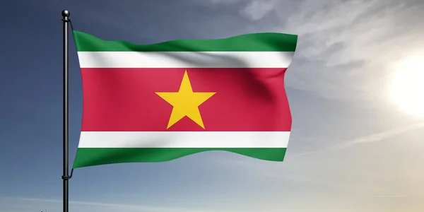 Суринамський Національний Прапор Тканина Махаючи Красивим Сірим Тлом — стокове фото