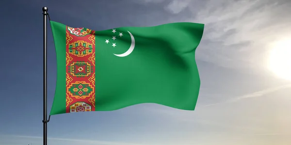 Turkmenistán Bandera Nacional Tela Ondeando Sobre Hermoso Fondo Gris — Foto de Stock