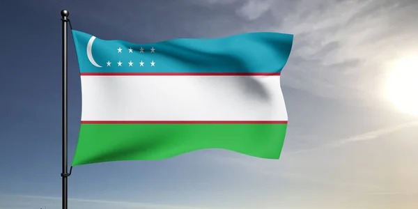 Uzbekistan Narodowa Tkanina Flagowa Machająca Pięknym Szarym Tle — Zdjęcie stockowe