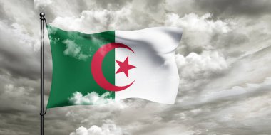 Cezayir ulusal bayrak kumaşı güzel bulutlu arka planda dalgalanıyor.