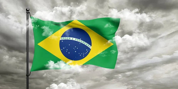 Ткань Национального Флага Бразилии Размахивающая Красивом Облачном Фоне — стоковое фото