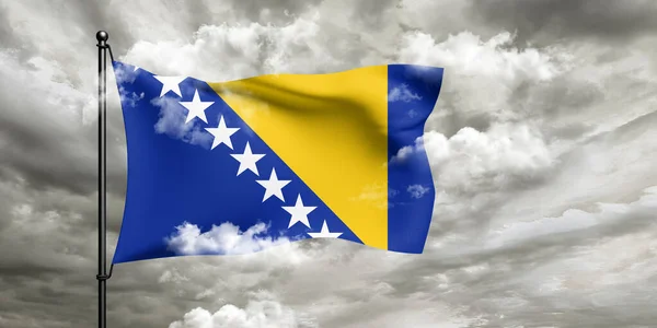 Bosna-Hersek ulusal bayrak kumaşı güzel bulutlu Arkaplanda dalgalanıyor.