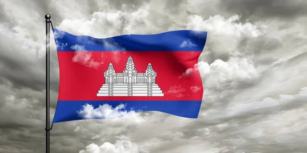 Cambogia Bandiera Nazionale Stoffa Tessuto Sventolando Bella Nuvoloso Sfondo — Foto Stock