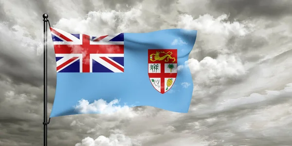 stock image Fiji national flag cloth fabric waving on beautiful Cloudy Background.