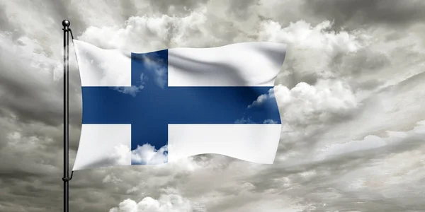 Finlândia Tecido Pano Bandeira Nacional Acenando Sobre Belo Fundo Nublado — Fotografia de Stock