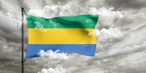 Gabon National Flag Cloth Fabric Waving Beautiful Cloudy Background — Stock Photo, Image