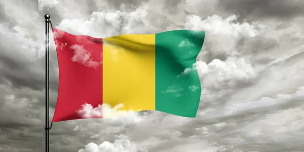 Guinea Nationalflagge Stoff Weht Auf Schönen Bewölkten Hintergrund — Stockfoto