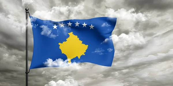 Ύφασμα Εθνικής Σημαίας Του Κοσσυφοπεδίου Κυματίζει Όμορφο Θολό Φόντο — Φωτογραφία Αρχείου