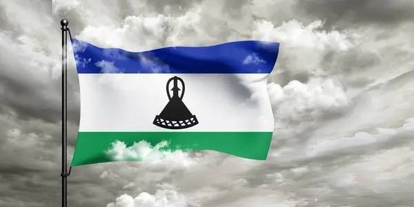 Lesotho National Flagga Tyg Viftar Vackra Molnigt Bakgrund — Stockfoto