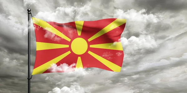 Észak Macedónia Nemzeti Zászló Szövet Integetett Gyönyörű Felhős Háttér — Stock Fotó
