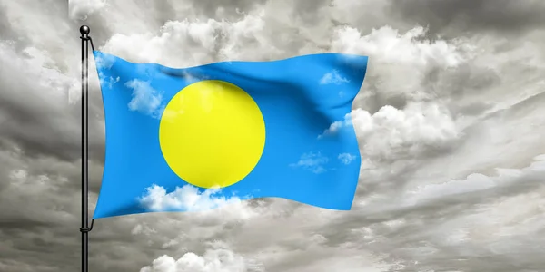 Palau National Flagga Tyg Viftar Vackra Molnigt Bakgrund — Stockfoto