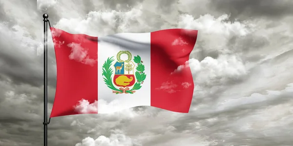 Peru Nationale Vlag Stof Zwaaien Mooie Bewolkte Achtergrond — Stockfoto