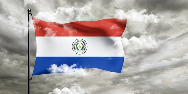 Парагвайський Національний Прапор Тканина Махаючи Красивим Тлом Хмарами — стокове фото