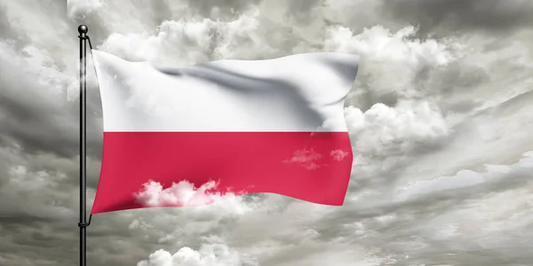 Polônia Tecido Pano Bandeira Nacional Acenando Sobre Belo Fundo Nublado — Fotografia de Stock