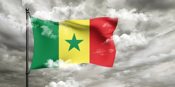 Senegals Nationalflagge Weht Auf Wolkenverhangenem Hintergrund — Stockfoto