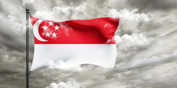 Tecido Pano Bandeira Nacional Singapura Acenando Belo Fundo Nublado — Fotografia de Stock